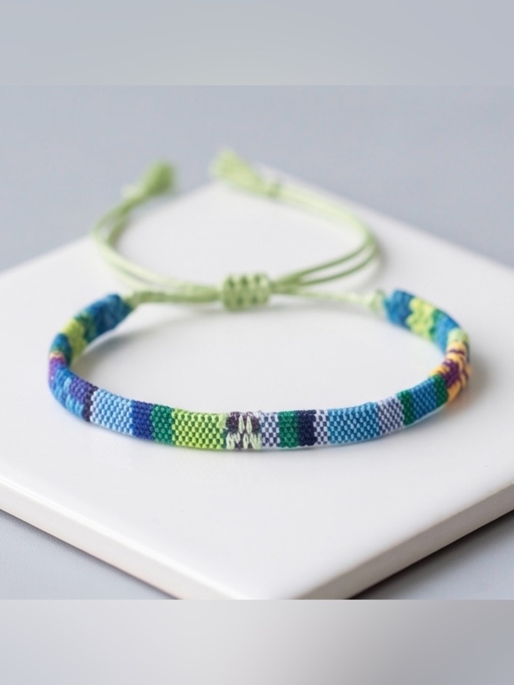 New Handwoven Green & Blue Friendship Bracelet with Adjustable Cord